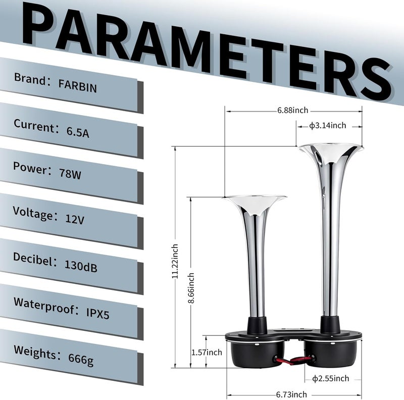 FARBIN Train horn 12V Electric Loud Truck Horn for Car Dual Horns for Motorcycle Truck Pickup SUV Boat (Silver) - Image 5
